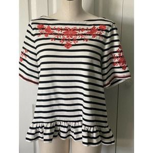 Kate Spade Broome Street Women Sz XL White Striped Corsage Ruffle Hem (K)